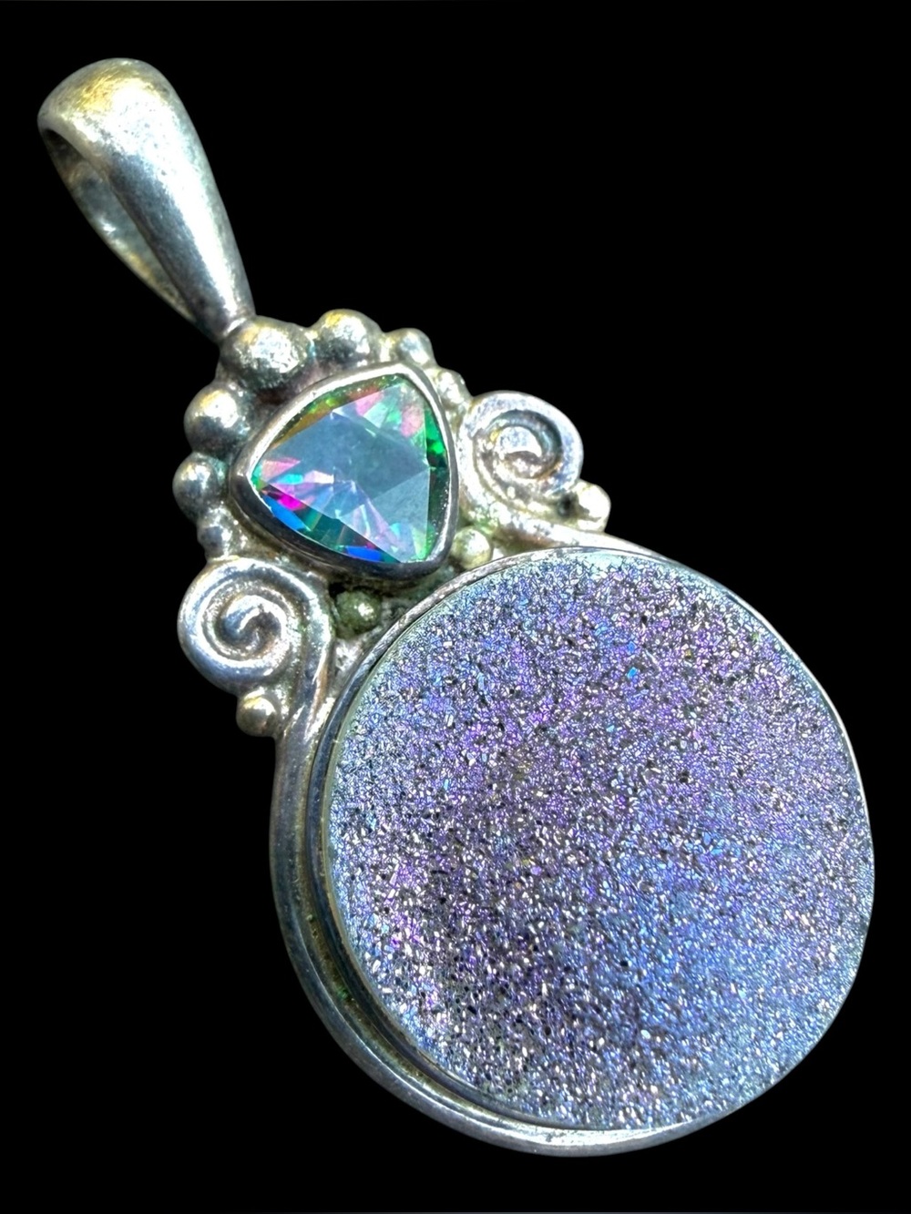 VTG Sajen Sterling Silver Mystic Topaz & Purple Window Druzy Necklace Pendant